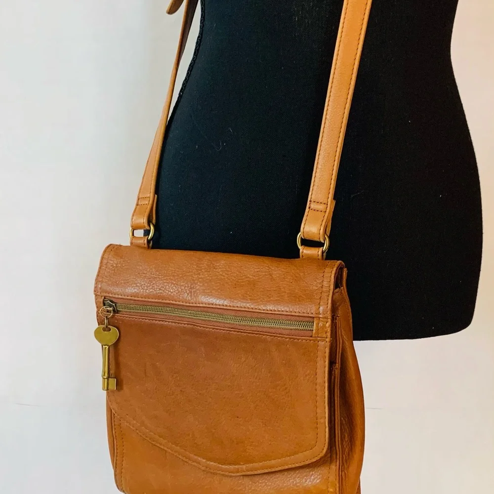 Fossil Tan Leather Crossbody Bag with Key Charm